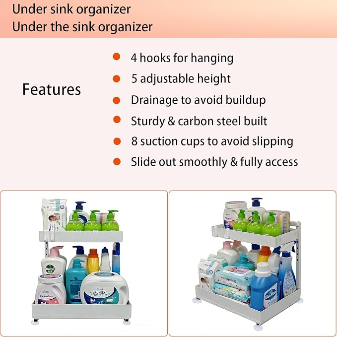Under Sink Organizer, Bathroom Counter Organizer, 2 Pack 2 Tier L-Shape White, Adjustable Height Carbon Steel, Under Cabinet Storage with Pull Out Drawer, Use for Kitchen Bathroom Office Shop Laundry