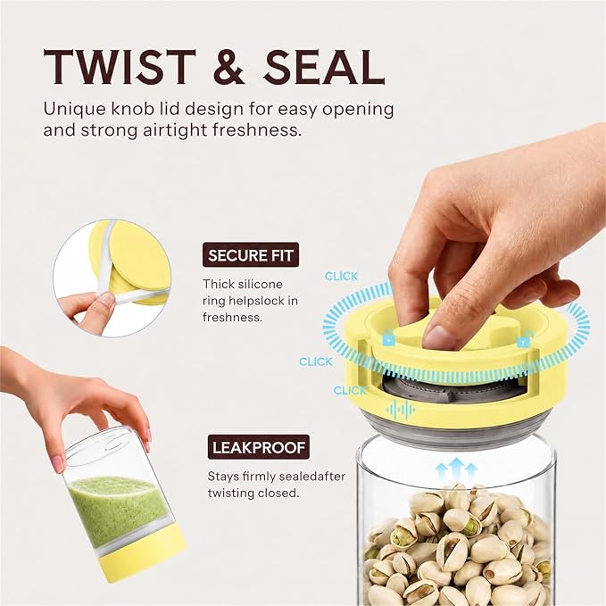 13 oz Small Airtight Glass Overnight Oats Containers with Lid | Twist Seal, Silicone Ring, Wide-Mouth Borosilicate Container for Yogurt, Chia Pudding, Fruit, Snacks and Meal Prep
