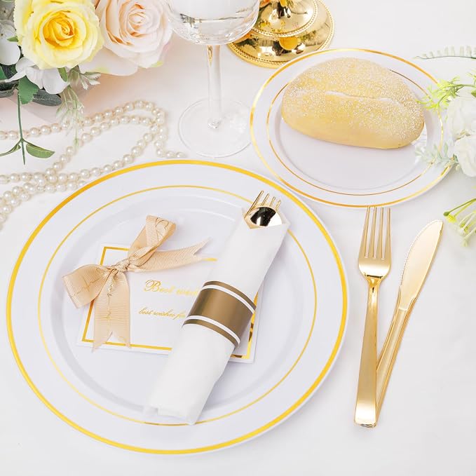 DaYammi 210PCS Gold Plastic Dinnerware Set Gold Plates Disposable Disposable Plates for Party Include: 30 Dinner Plates,30 Dessert Plates,30 Pre Rolled Napkins with Gold Silverware,30 Cups for Wedding