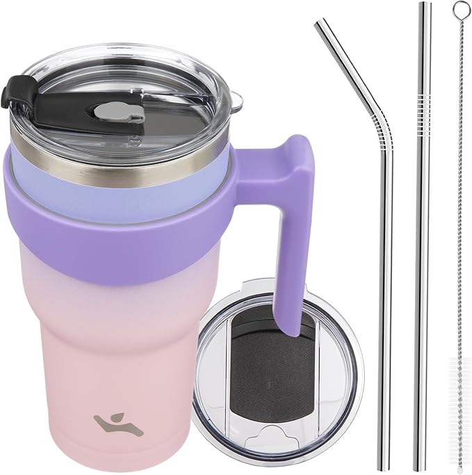 Konokyo 30 oz Tumbler with Handle and Straw, Insulated Travel Mug | Pastel Sunset; BPA-free, leak-proof tumbler with 2 lids, 2 straws, cup holder fit for coffee, office, travel & daily use