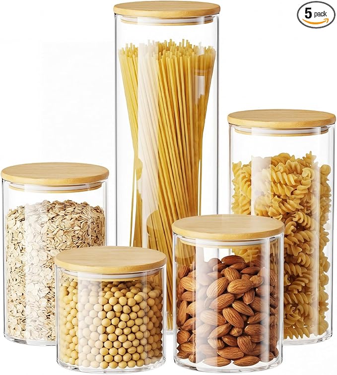 5 Pack MultiSize Glass Jar with Lid, Coffee Storage Canister for Candy | Seal, BPA-Free, Bamboo Lid, Coffee Bar Accessories, for Coffee Beans, Creamer, Salt, Overnight Oats, Brown sugar, Candy, Tea
