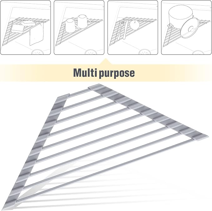 Tomorotec Triangle Roll Up Dish Drying Rack with Silicone Coating, Gray | 304 Stainless Steel with BPA-Free Silicone, Triangle Design Maximizes Sink Corner Space, Fits Compact Kitchens And RVs