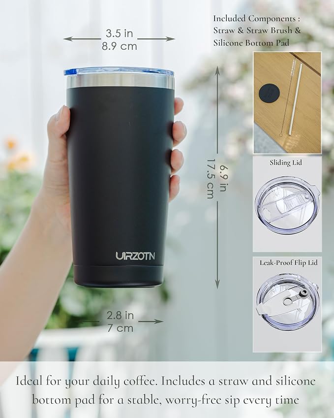 20oz Travel Coffee Tumbler with 2 Lids and Straw, Stainless Steel | Double Wall Vacuum Insulated Tumbler, Coffee Mug for Hot & Cold Drinks, Fits Most Car Cup Holders, Black