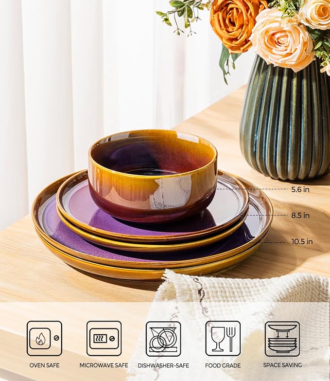 Ceramic Dinnerware Set for 6, 18-Piece Plates and Bowls Set | Handmade Reactive Glaze Dish Set, Scratch Resistant, Oven & Microwave & Dishwasher Safe, Amber Amethyst