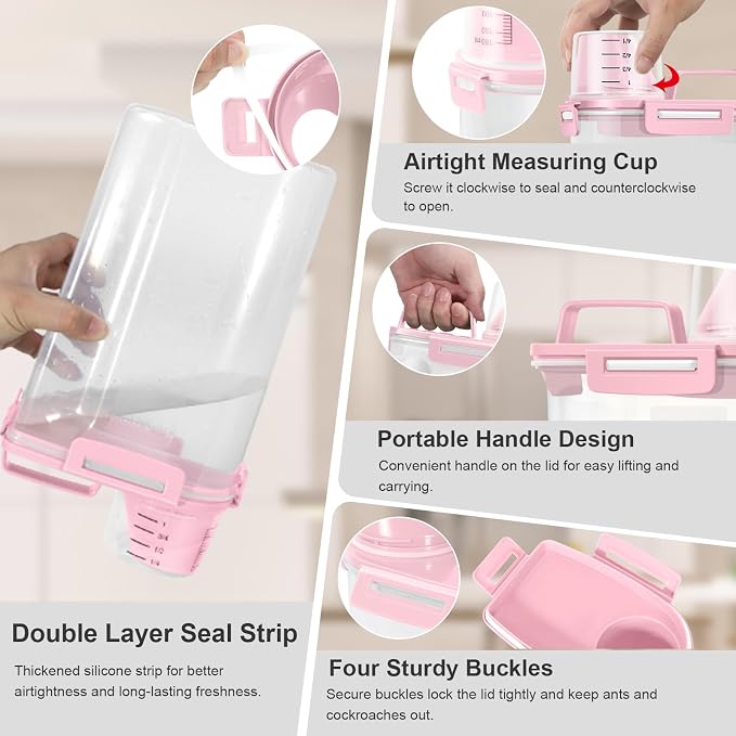 Dog Cat Food Storage Container with Cup (Pink, 2.5L) | Pet Food Pourable Container Airtight with Large Spout, BPA-Free Plastic Food Dispenser for Pet Food, Bird Seed, Rice, Flour