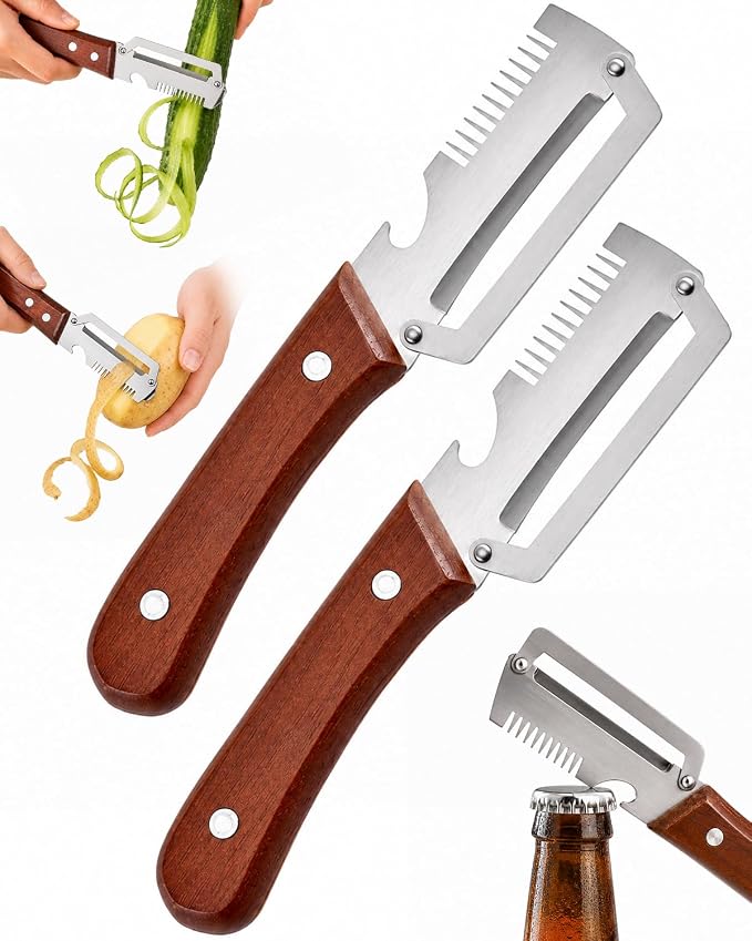 2PCS Multifunctional Vegetable Peeler with Wooden Handle & Bottle Opener | Premium Single Blade Food Peeler & Scallion Shredder Tool for Potato, Carrot, Pumpkin, Papaya, Kitchen Utensils (2 Pack)