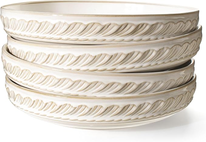 Pasta Bowls, 50oz Large Salad Serving Bowls, 9.75'' Plates Bowls Set of 4, Big White Ceramic Soup Bowls for Kitchen, Embossment Shallow Dinner Bowl, Microwave Dishwasher Safe, Willow Leaf