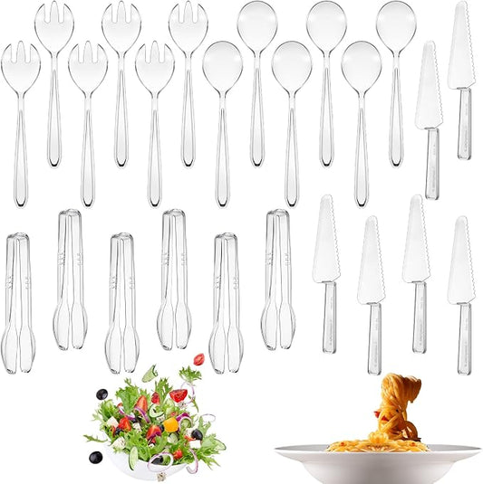 24 Pcs Disposable Plastic Serving Utensils Set Spoons Forks,Clear | Serving Spoons Forks Knives Tongs, Clear Design for Wedding Graduation Party Buffet Catering Events, Lightweight Sturdy