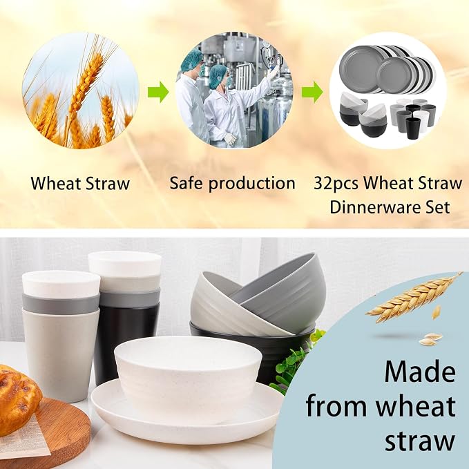 32pcs Multicolor Reusable Wheat Straw Dinnerware Sets for 8 | Include Plastic Plates,Bowls,and Cups Set,Durable Lightweight Unbreakable Dish Set for RV,Camping,Party,and Daily Home Use