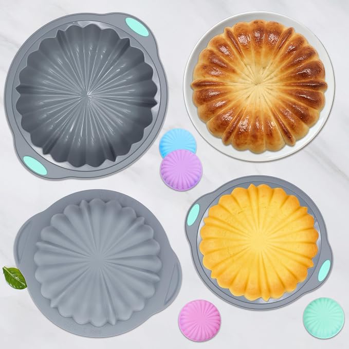 44 Pieces Silicone Round Cake Pans Set, 3 Sizes Silicone Fluted Cake Pan Set with Reusable Baking Cups, Food Grade Baking Molds for Brownie, Bread, Muffin, Light Grey
