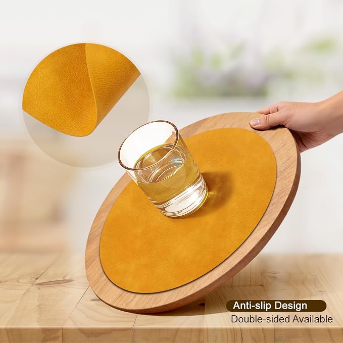 UnivoColors Placemats Round Faux Leather Placemats Set of 8-Waterproof-Wipe Clean-Heat Resistant-Anti Slip Dining Table Place Mats,Suitable for Indoor & Outdoor Use,15".Retro Yellow