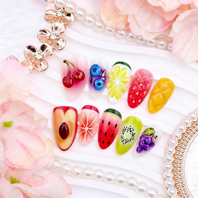 30Pcs 3D Fruit Press On Nails Short Almond Fake Nails Cute Summer Nails with Cherry Blueberry Strawberry Peach Design Tropical Fruit False Nails Reusable Full Cover Acrylic Nails Tips for Women Girls