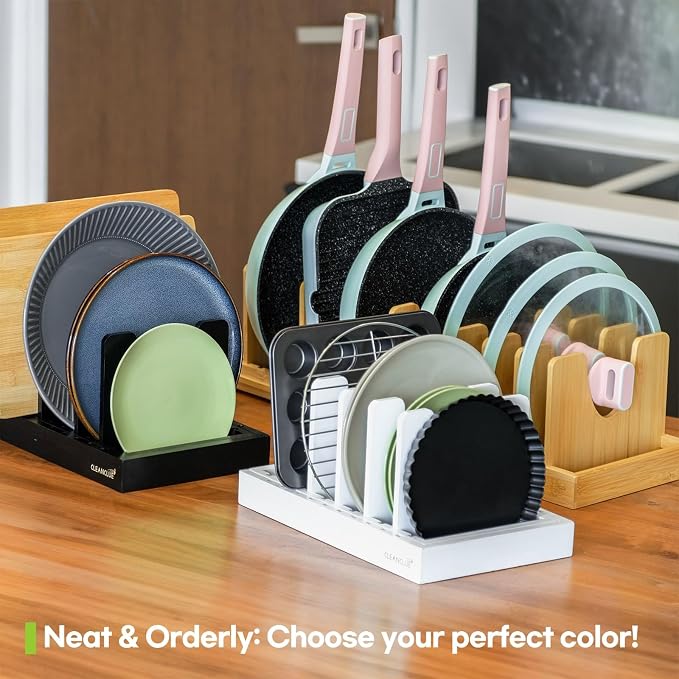Pots and Pans Organizer under Cabinet Expandable Bamboo Pot Lid Holder Rack | Adjustable bakeware organizer, cutting board organizer, cookie sheet, baking pan, tray organizer for kitchen cabinet storage