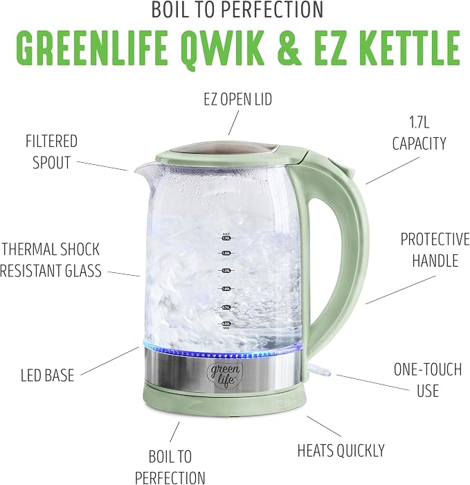 GreenLife 1.7 Liter Electric Glass Kettle, Sage Green | Glass Body, Auto Shutoff, Thermal Shock Resistant, Quick Heating, Easy One Touch Use, Cordless Serving, LED Base, Coffee/ Tea