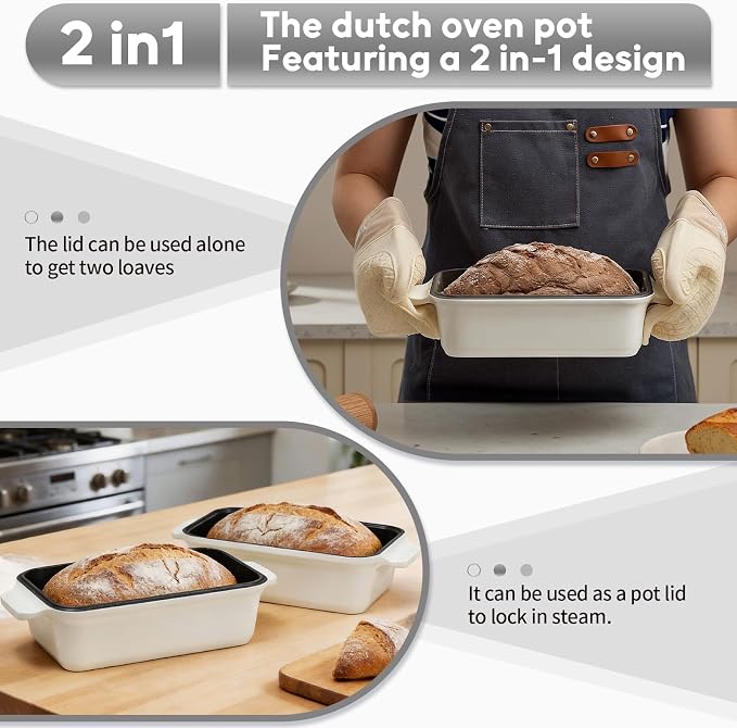 Enameled Cast Iron Dutch Oven for Sourdough Bread Baking, 9×5 Dutch Oven Pot with Lid, 2 in 1 Bread Baking Pans with Lid, Roasting & Braising, Easy Release, Oven & Induction Safe (4.2 QT,White)