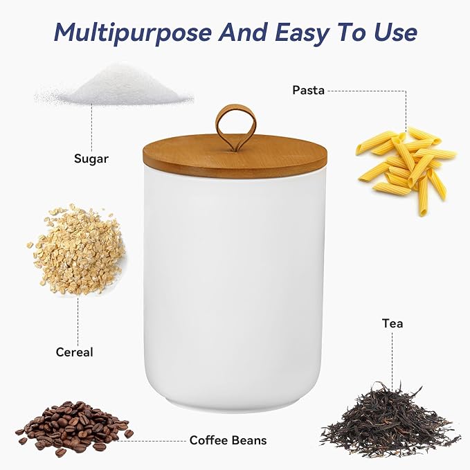 Ceramic Storage Jars, Modern Airtight Canisters with Wooden Lid (White tuba)