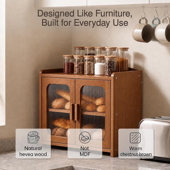 Solid Wood Bread Box, Kitchen Countertop Storage Cabinet | 2-Tier Large Capacity, Help Keep Sourdough Bread Fresh, Countertop Storage Organizer for Kitchen & Pantry, Walnut Brown