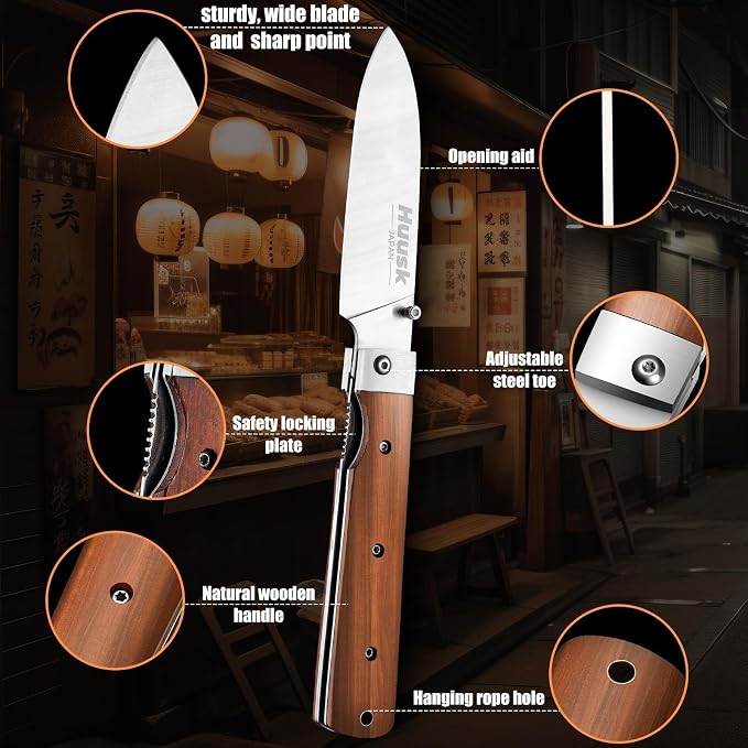 Huusk Folding Chef Pocket Knife-Japanese Santoku Knive, edc Kitchen Knives | 440C Stainless Steel, Ultra Sharp Blade, Wooden Handle, Gift Box, Portable Meat Knives for Vegetable