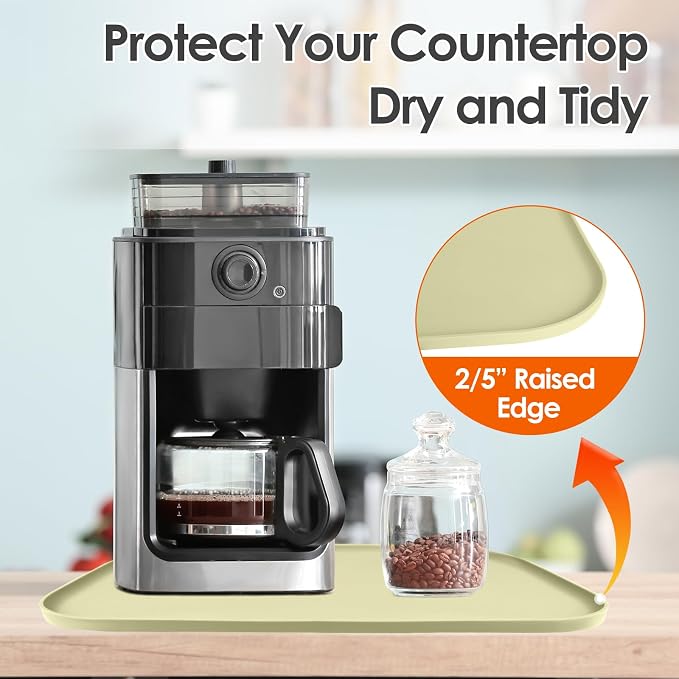 Silicone Coffee Maker Mat with Lip for Countertops, 24'' x 16'', Sage Green | Multi leak-proof coffee tray for countertop, non-slip silicone mat fits most coffee makers & espresso machines, wipe-clean