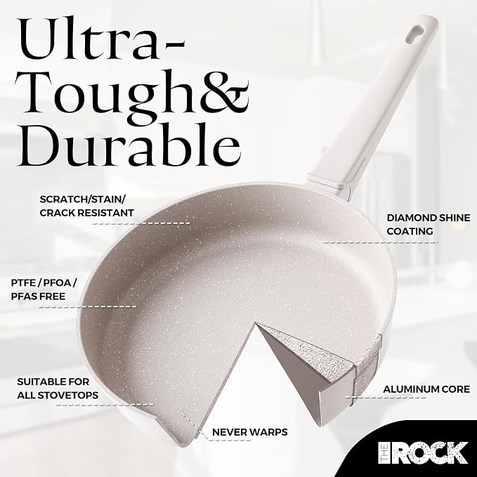 THE ROCK SOHO 9.5-Inch Non Stick Frying Pan with Lid–Nothing Sticks, Never Warps, Lasts Longer, Ceramic Non Toxic Skillet with Heat-Resistant Handle, PTFE PFOA&PFAS Free, Dishwasher Safe, Cream