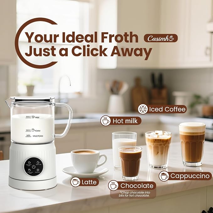 Casimhu 4-in-1 Milk Frother, Electric Milk Frother and Steamer with LED Touch Screen, Ceramic Lining Bottom, Milk Warmer 13.52oz for Lattes, Cappuccinos, and Macchiatos at Home (Cream White)