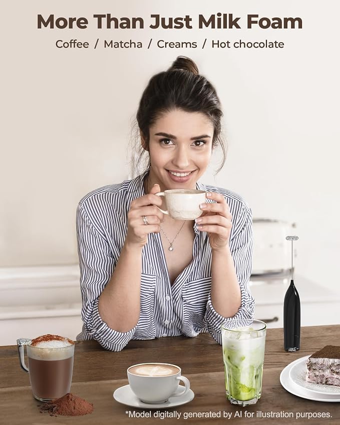SIMPLETASTE Milk Frother Handheld Electric Foam Maker Battery Operated | Drink Mixer with Stainless Steel Whisk for Cappuccino, Bulletproof Coffee, Latte, Midnight Black, without Stand