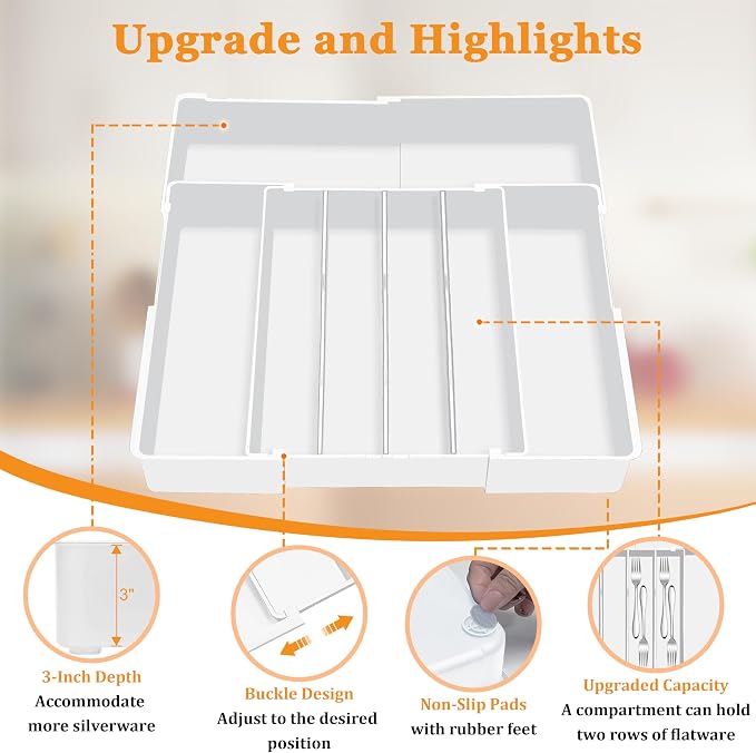 Silverware Drawer Organizer - Expandable Drawer Organizer for Kitchen, Utensil Holder BPA Free Flatware and Cutlery Tray for Spoons Forks Knives, Plastic Kitchen Organizer and Storage, White