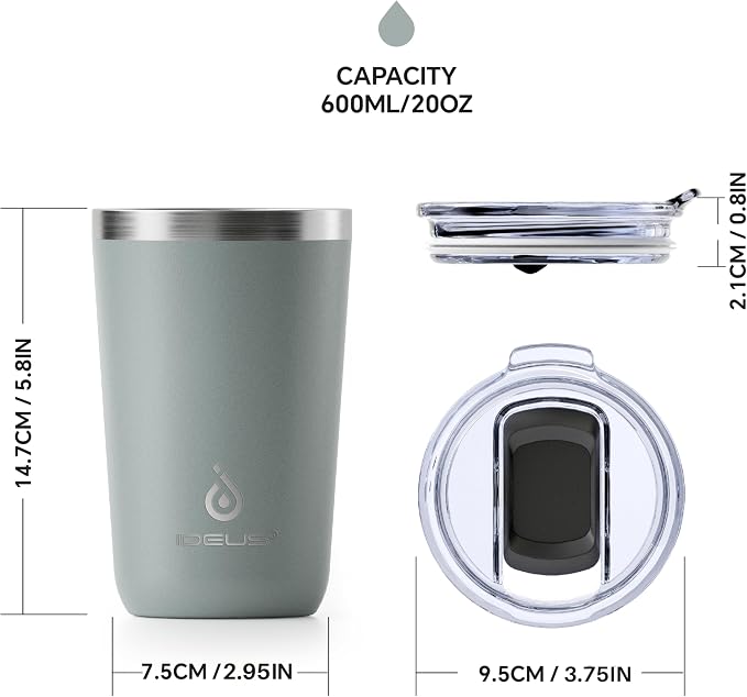 Ideus 20 oz Tumbler, Travel Coffee Mug with Splash Proof Sliding Lid, Double Wall Stainless Steel Vacuum Insulated Coffee Mug for Home and Office, Keep Beverages Hot or Cold, Gray