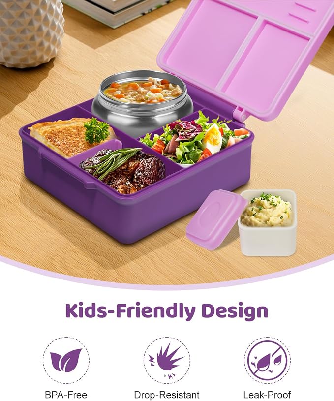 SOHIDA Bento Box with 10oz Soup Thermo: Kids Leakproof Lunch Box with 3 Compartments - Dishwasher Safe and BPA-Free - Vacuum Insulated Food Jar Suitable for Kids Back to School, Travel - Purple