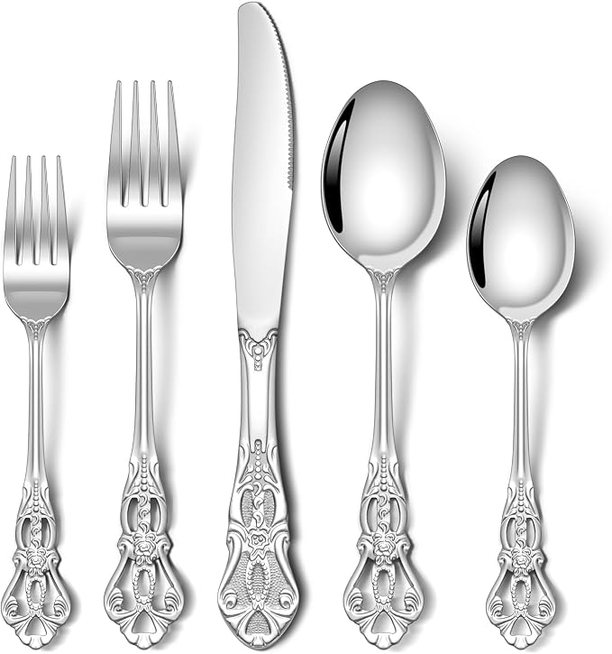 Stapava 30 Pcs Gorgeous Retro Royal Silverware Set, Stainless Steel Cutlery Flatware Set for 6, Include Forks Spoons and Knives Set, Mirror Polished Utensils Set, Dishwasher Safe
