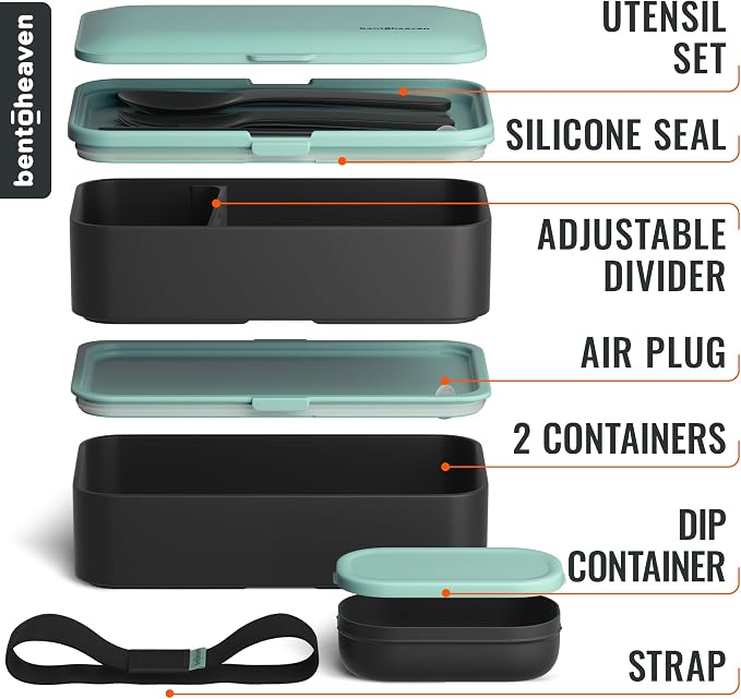 Bentoheaven Bento Box Adult, Stackable Lunch Box, 40 oz, Billie Green | BPA-free, leakproof and microwave-safe with 2 compartments, utensils, chopsticks, divider and sauce cup for men and women.