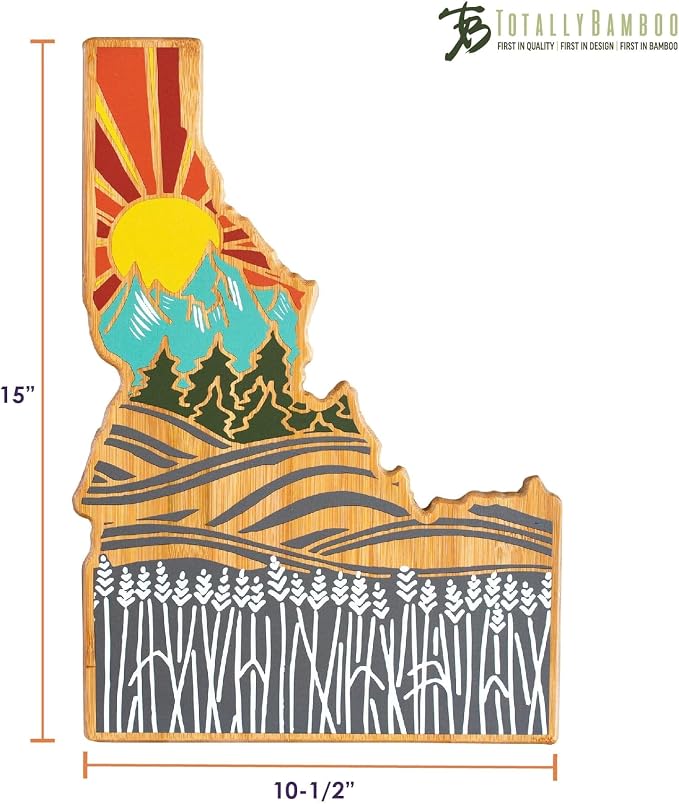 Totally Bamboo Idaho State Shaped Cutting Board, Summer Stokes Art | State charcuterie board with colorful hand-drawn landscape art. Smooth reverse side for food prep. Hang tie for wall display.