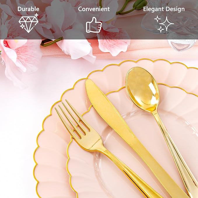 YOUBET 350PCS Pink Scalloped Plastic Plates for Wedding Party | Pink and Gold Disposable Dinnerware Set Include 100 Plates, 150 Gold Silverware, 50 Cups, 50 Napkins