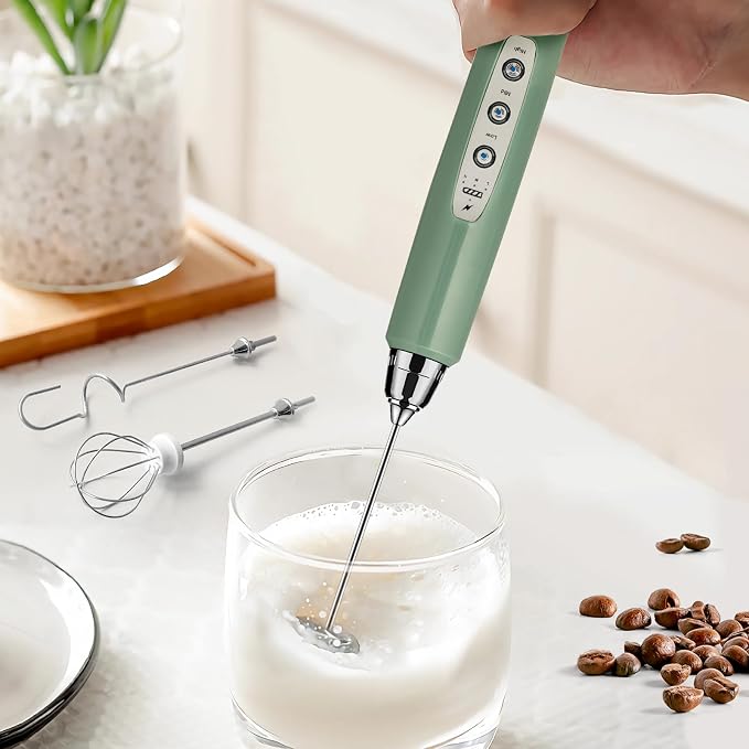 Milk Frother Wand Rechargeable Handheld Electric Whisk 3 Speed Adjustable | Coffee Frother Wand with 3 Stainless Whisks Electric Foam Maker Drink Mixer Blender for Latte Cappuccino Matcha Egg