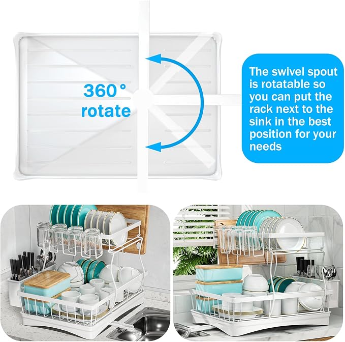 7 code 2-Tier Large Dish Drying Rack for Kitchen Counter, White | Detachable Large Capacity Dish Drainer Organizer with Auto Drain, Anti-Rust Dish Rack with Cup & Utensil Holders