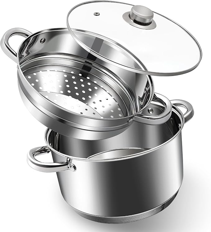AuFranc® 6 Quart 18/10 Stainless Steel Tri-ply Stockpot and Steamer with Tempered Glass Lid, Multipurpose Steamer Pot Compatible with All Cooktops, Non-Toxic Soup Pot, Oven & Dishwasher Safe (Silver)