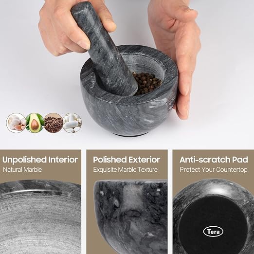 Tera Mortar and Pestle Set Natural Marble Grinder Spice Herb Grinder Pill Crusher Black 3.9in