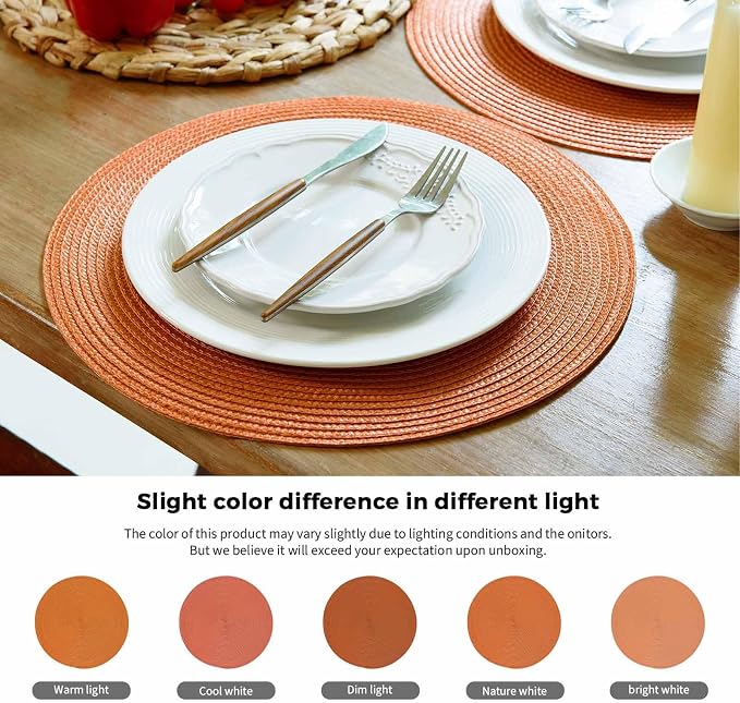 FunWheat Round Braided Placemats Set of 6 Table Mats for Dining Tables Woven Washable Non-Slip Place mats 15 Inch(Pumpkin Orange)