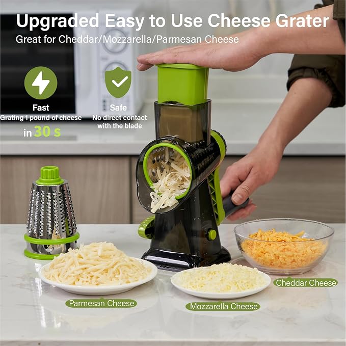 Rotary Cheese Grater hand crank 3 blades with Stronger Suction Base | Stainless Steel Blades for Fruits, Vegetables, Nuts. Dishwasher Safe & Easy to Clean, Transparent Black & Green