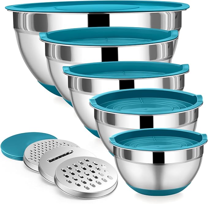 P&P CHEF Mixing Bowls with Lid Set, Nesting Bowl for Storing, Blue | 5 Piece Stainless Steel Salad Mixing Bowls for Prepping, 3 Grater Attachments & Non-Slip Bottoms, Size 1/1.5/2 / 2.6/4.6 QT