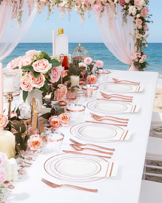 GATHER 700PCS Clear Rose Gold Plastic Plates 100 Guest for Wedding Party | Clear Rose Gold Disposable Dinnerware Set includes 200 Plates, 300 Silverware, 100 Napkins, 100 Cups for Baby Shower Birthday