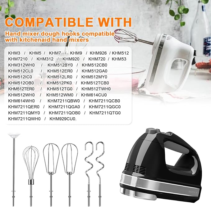 Hand Mixer Beaters Attachments for Kitchenaid Whisk, Beater, Dough Hook, Blending Rod, Stainless Steel Hand Mixers Blender Accessories for Kitchenaid KHM3 KHM5 KHM7 KHM9 KHM926 KHM512-6PCS