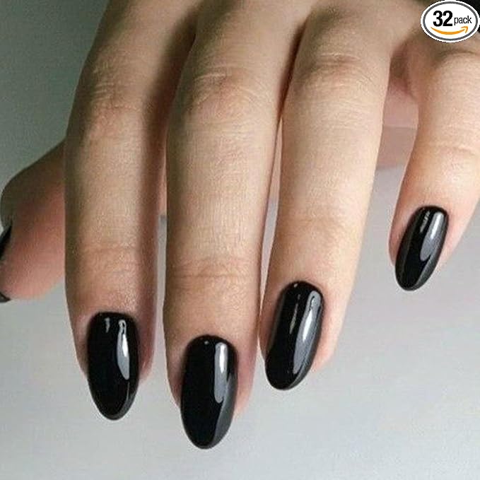 modelones Black Short Press on Nails, Oval Fake Nails Kit Nails Press Ons | with Nail Glue, Adhesive Tabs, Nail File, Prep Pad, Manicure Stick, 32Pcs 16 Sizes, Women Girl Gift
