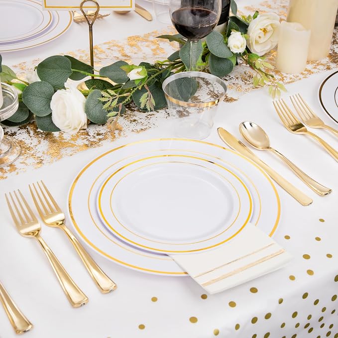 GATHER 176PCS White and Gold Plastic Plates for Wedding and Party | Gold Disposable Plates include 50 Plates, 75 Silverware, 25 Napkins, 25 Cups, 1 Tablecloth for Bridal Shower