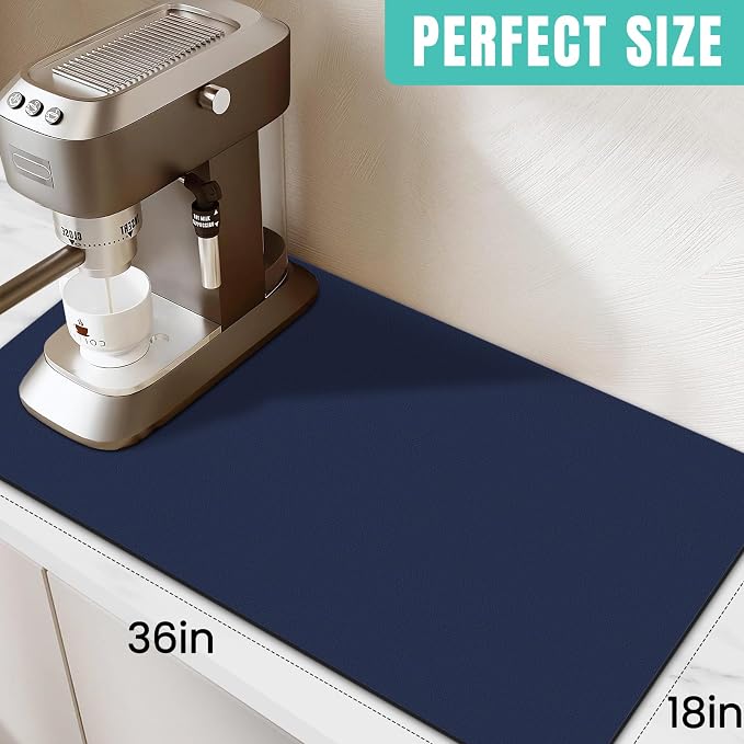Coffee Mat Super Absorbent Dish Drying Mat Coffee Bar Mat 18"x 36", Blue | Match with Coffee Machine Accessories Large Drying Mats for Kitchen Counter