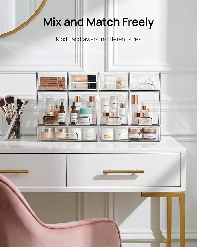 Vtopmart 8 Pack Small Clear Stackable Storage Drawers | Plastic Bins, Bathroom Makeup Organizer, For Vanity, Undersink, Kitchen Cabinets, Pantry, Home Organization