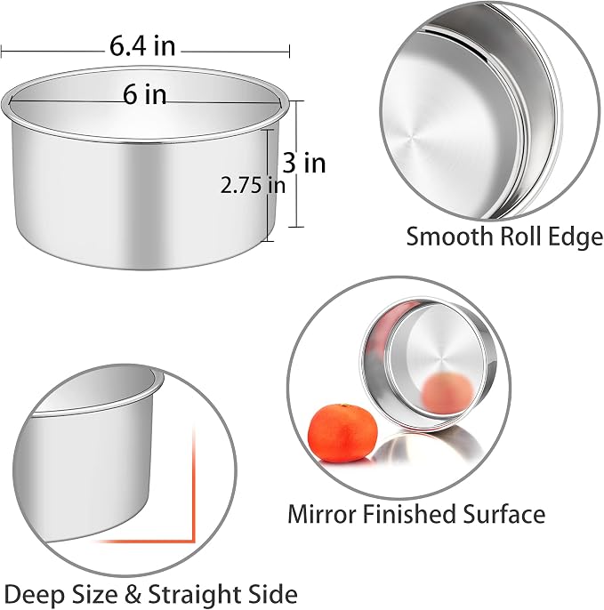 TeamFar 6 Inch Cake Pan, 6” x 3” Stainless Steel Round Baking Pan Set of 2 | Layer Cake Baking Tins for Wedding Birthday Party, Non-Toxic, Heavy Duty, Deep Straight Side, Mirror Finish, Dishwasher Safe