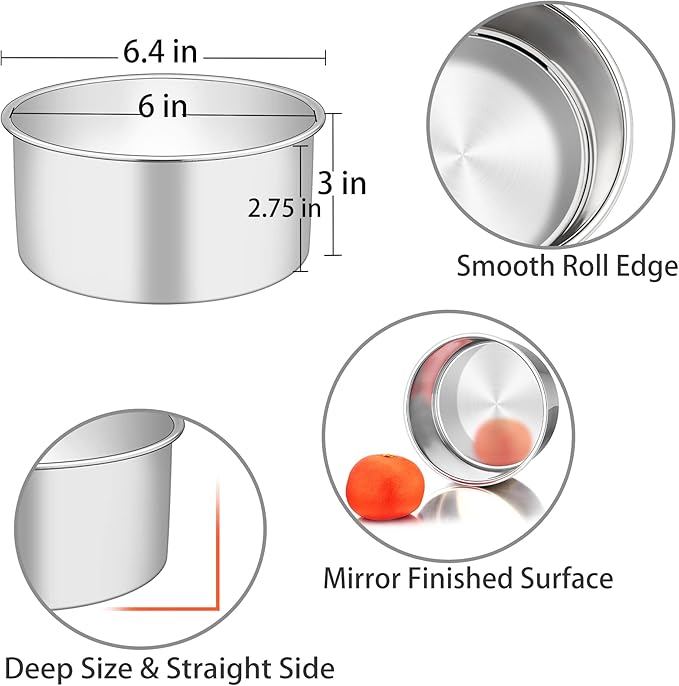 TeamFar 6 Inch Cake Pan, 6” x 3” Stainless Steel Round Baking Pan Set of 3 | Layer Cake Baking Tins for Wedding Birthday Party, Non-Toxic, Heavy Duty, Deep Straight Side, Mirror Finish, Dishwasher Safe