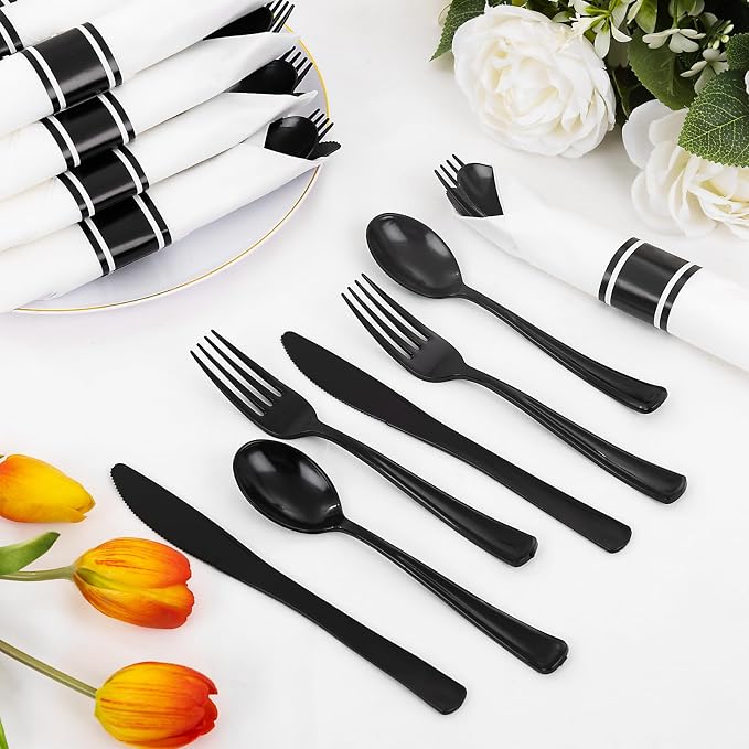 120pack Pre Rolled Black Plastic Silverware Set Disposable | Heavy Duty Disposable Wrapped Black Plastic Cutlery Utensils Set for Catering, Parties, Wedding, Birthday& Special Events