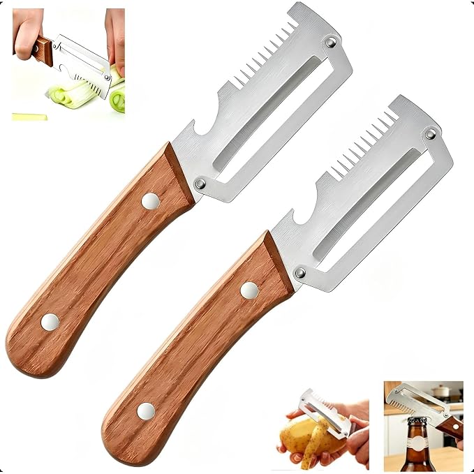 2-Pack Multifunctional Vegetable Peeler, 3 in 1 Kitchen Peeler with Wooden Handle, Grater & Bottle Opener for Potato, Carrot, Apple, Fruit & Vegetable
